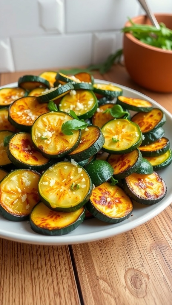 Roasted zucchini slices on a plate, garnished with Parmesan cheese and herbs.